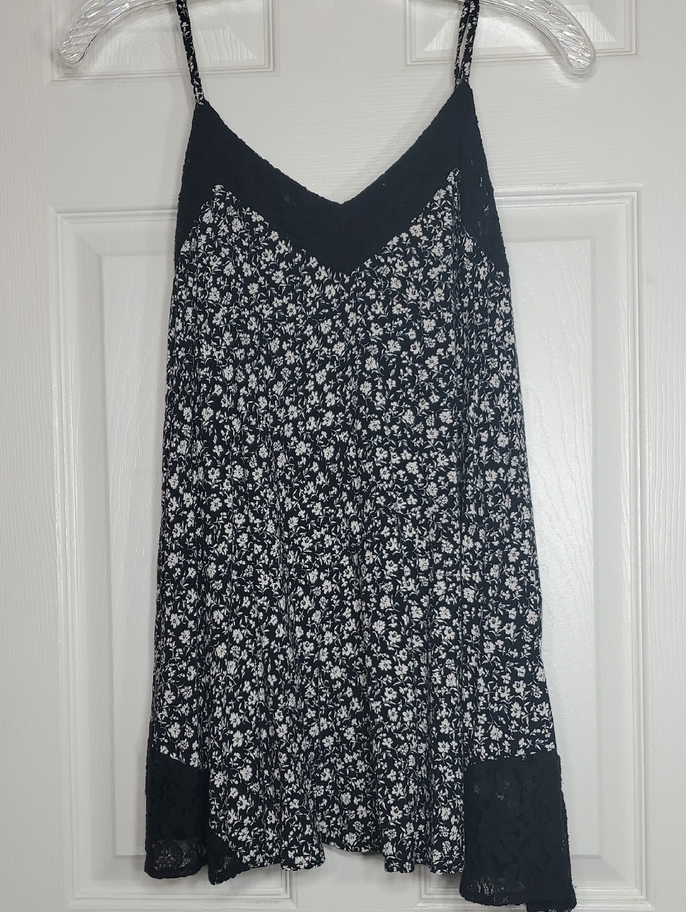 Maurice's Floral Black & White Flowy Spaghetti Strap Tank Top with Lace Accents